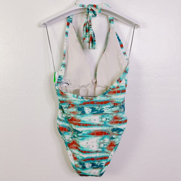 Isabella Rose Tie Dye High Leg Halter One Piece Swimsuit Turquoise Large NWT - Picture 6 of 12